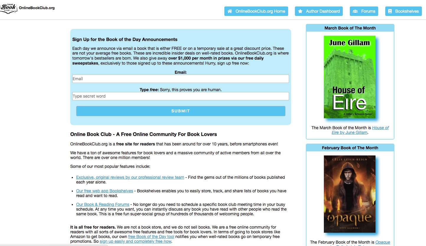 Screenshot van de op boeken gebaseerde sociale site van Online Book Club