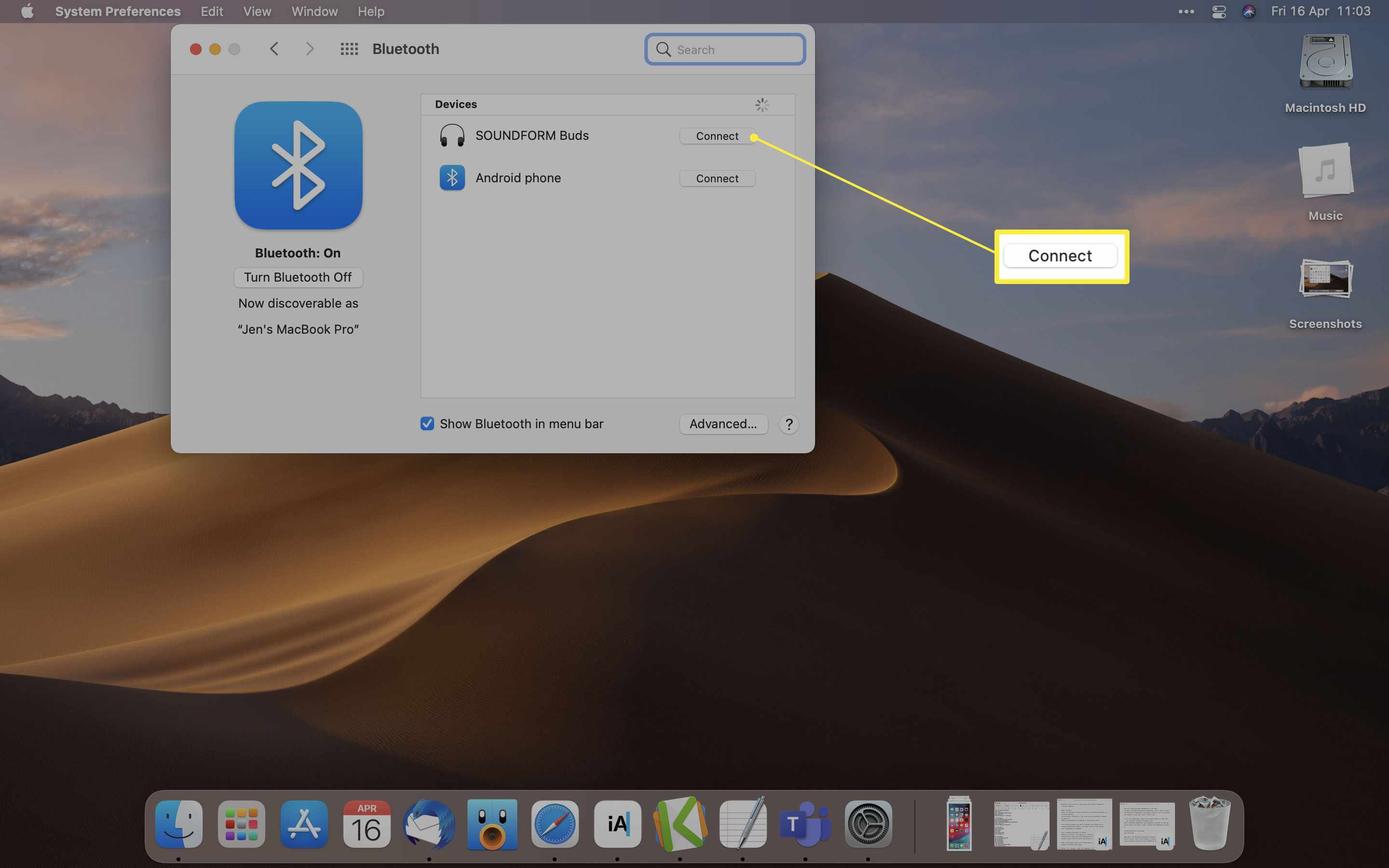 MacOS Met Bluetooth-apparatenlijst geopend en Verbinden gemarkeerd