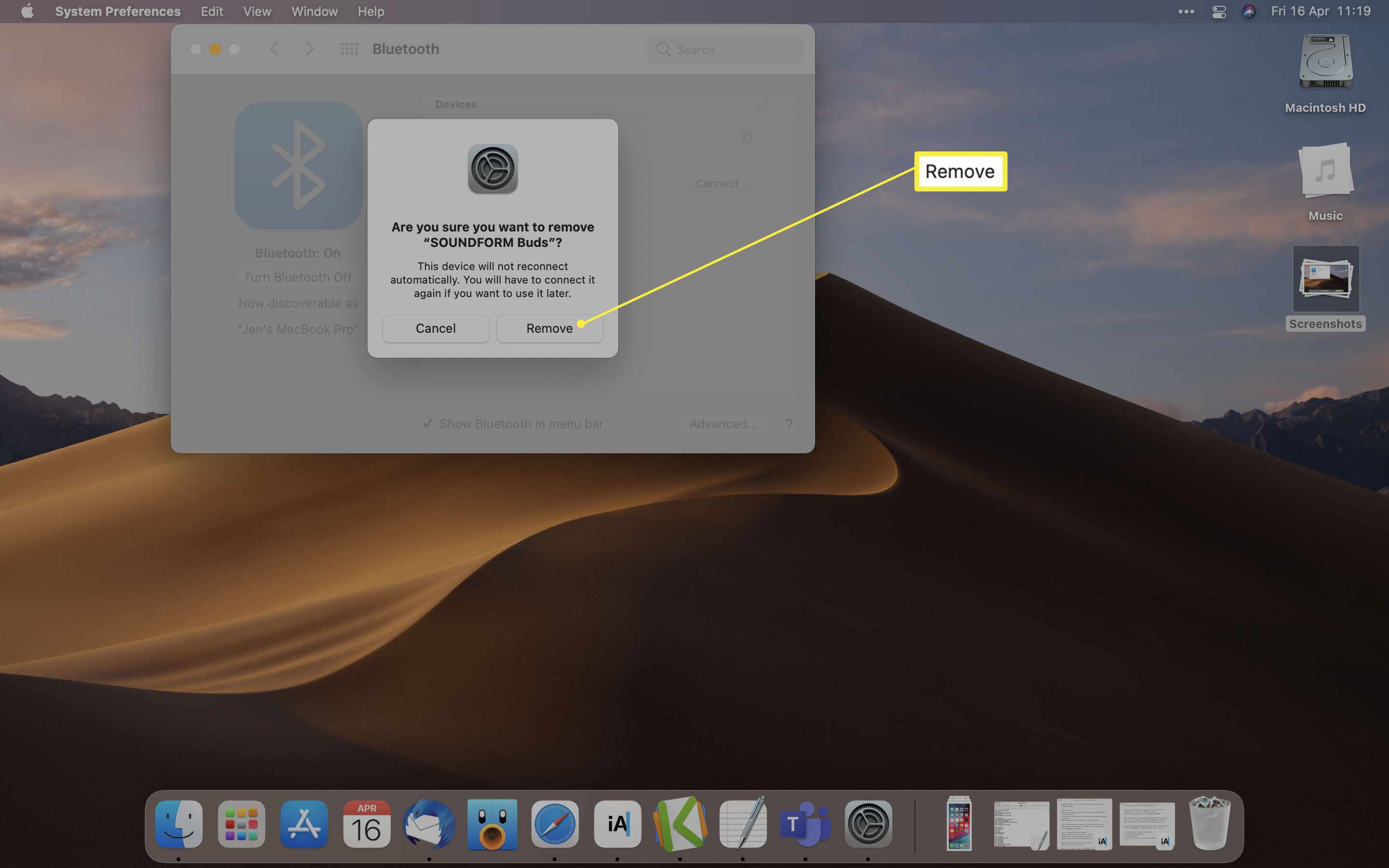 MacOS Bluetooth-opties met Apparaat verwijderen gemarkeerd