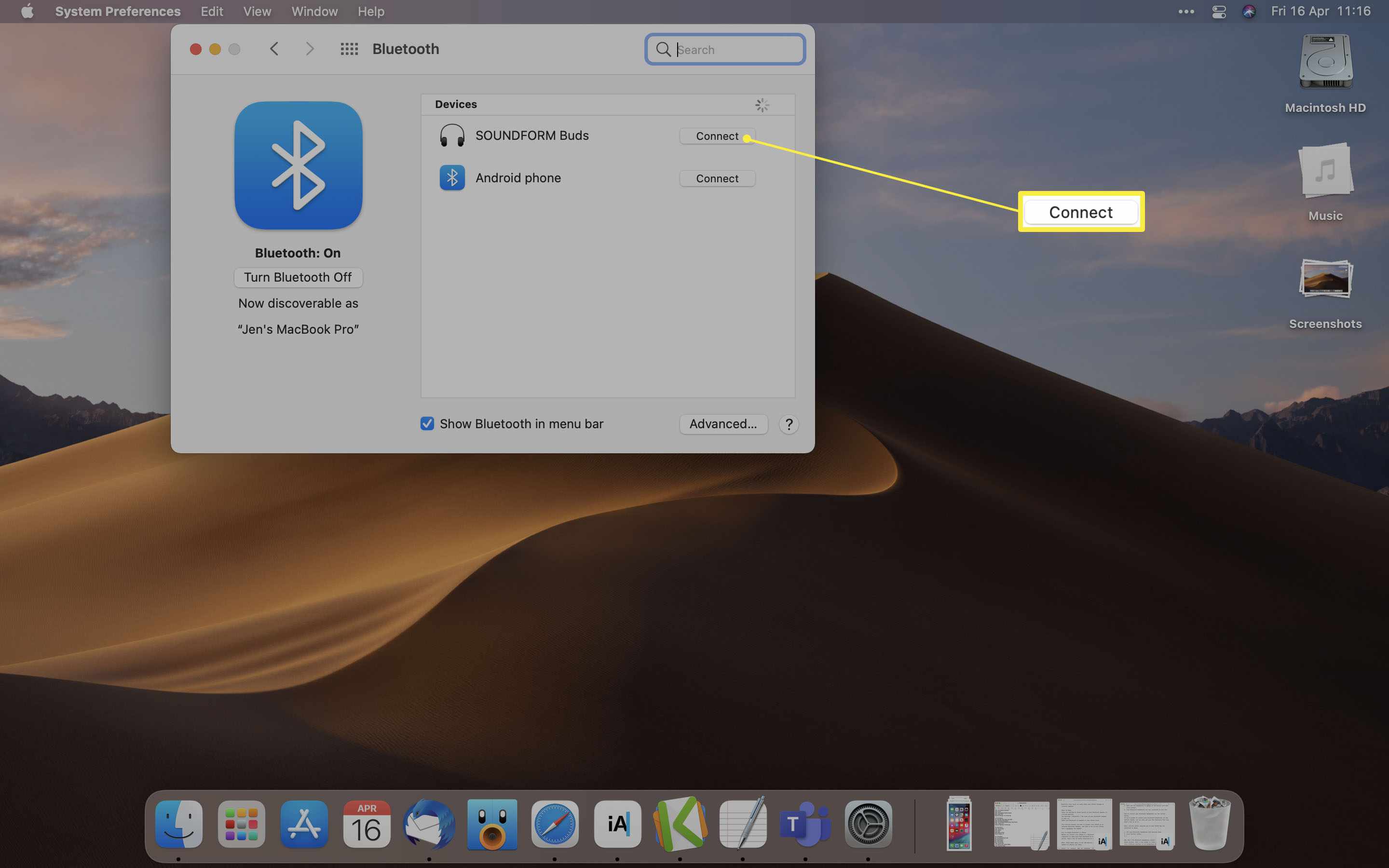 MacOS met Bluetooth-voorkeuren geopend en Verbinden gemarkeerd