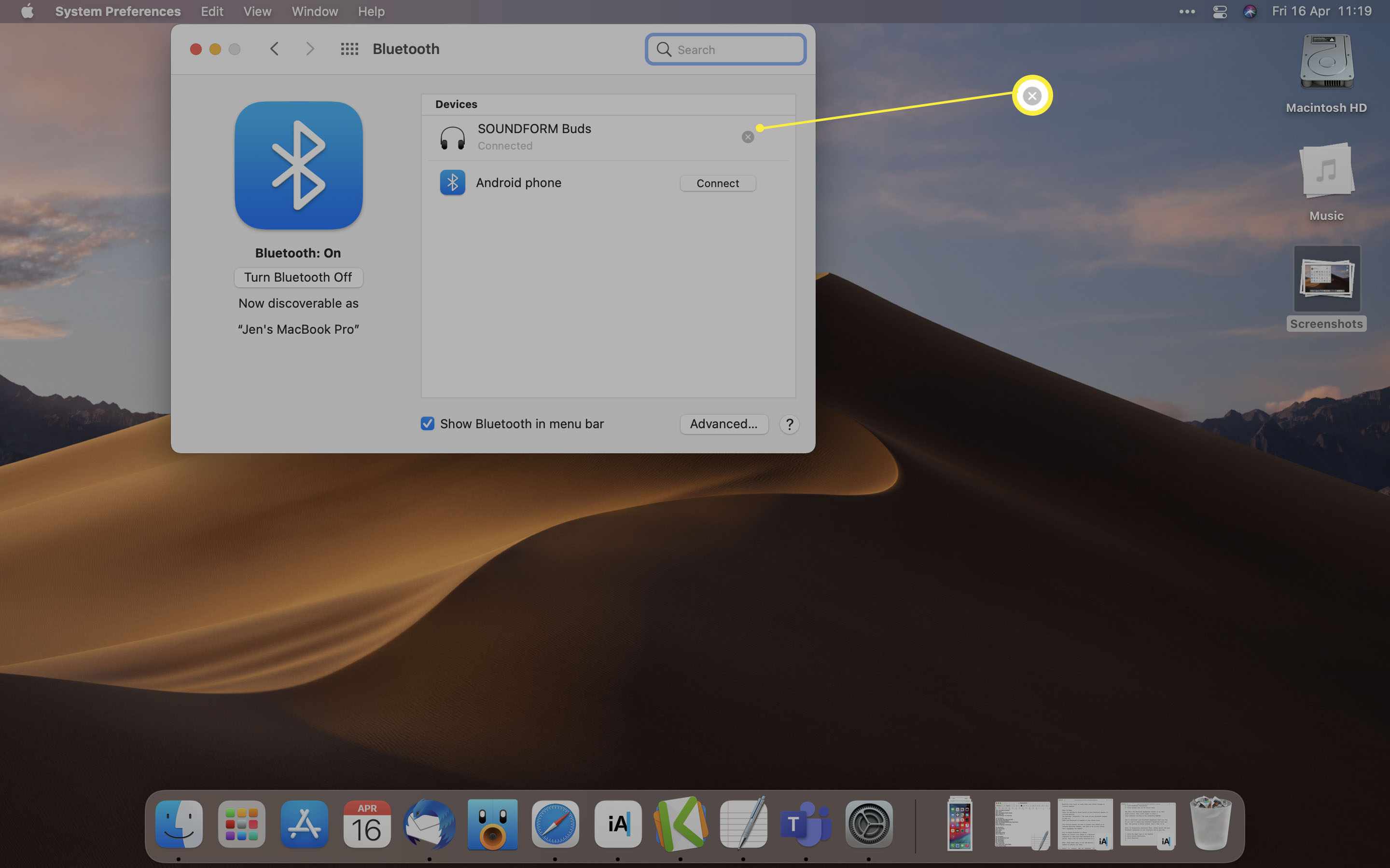 MacOS Bluetooth-opties met de verbinding x gemarkeerd naast een Bluetooth-luidspreker