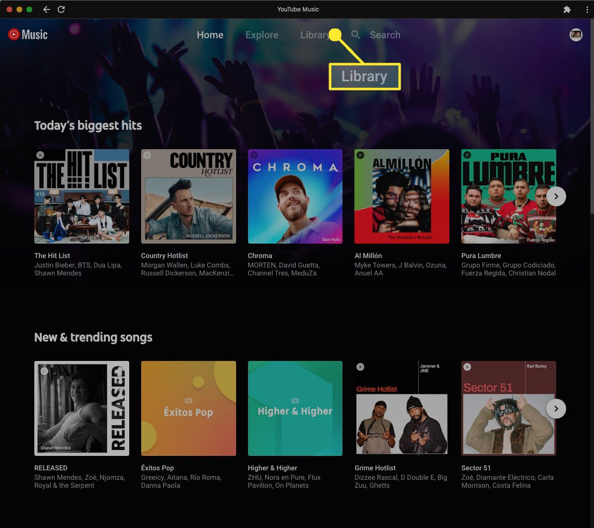 Ga op je Chromebook naar de YouTube Music-app en selecteer Bibliotheek. 