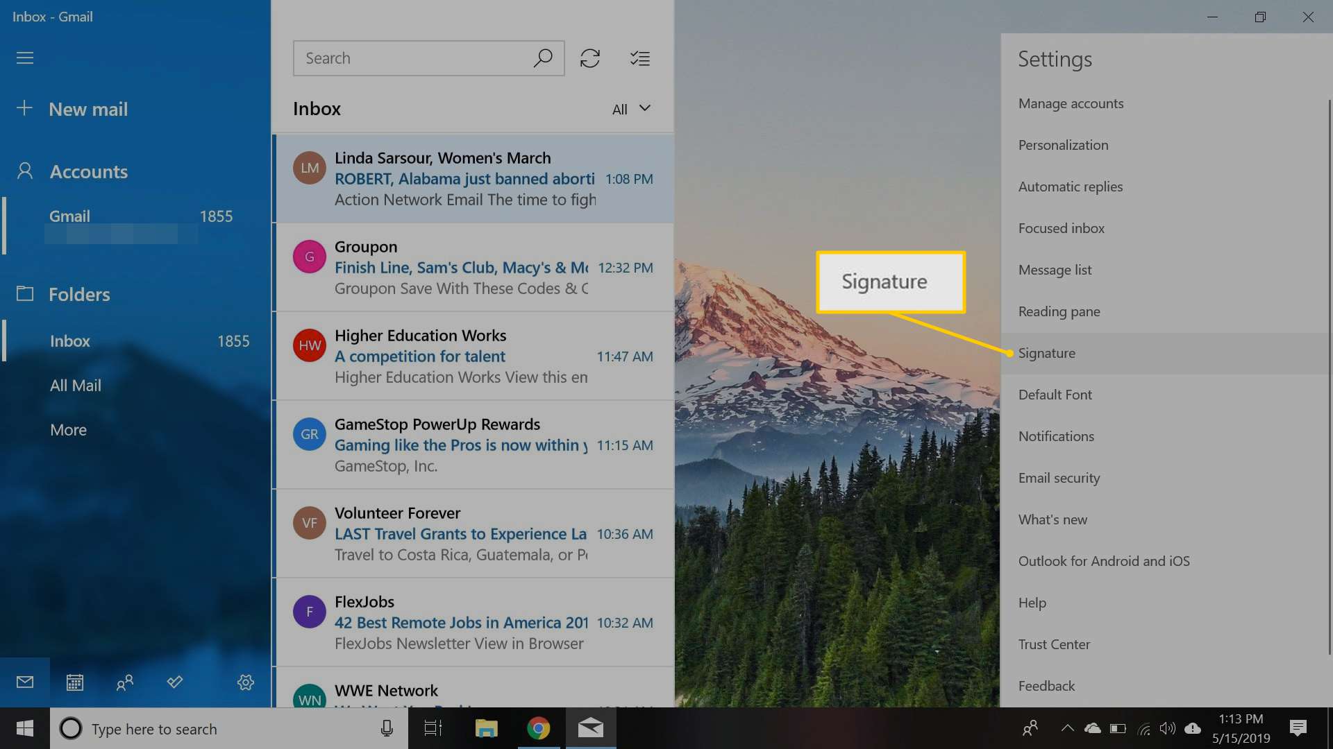 Het menu-item Handtekening in Windows 10