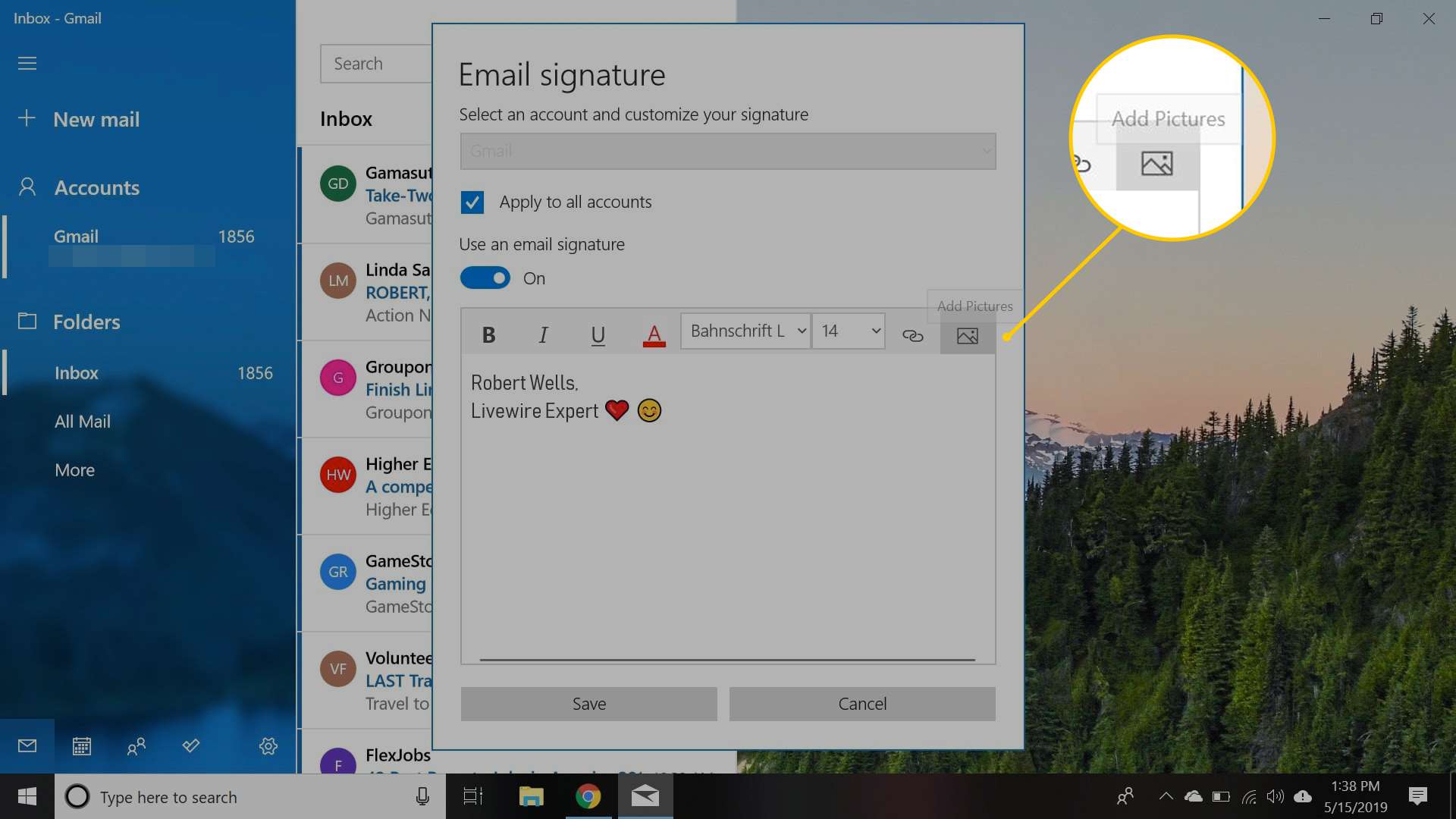 Knop Afbeeldingen toevoegen in dialoogvenster Windows 10 Mail-handtekening