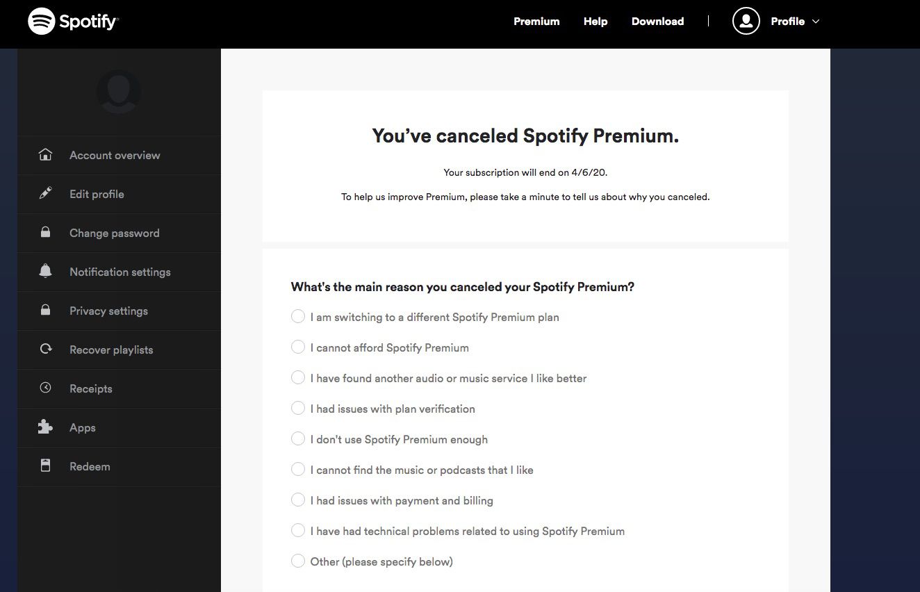 Spotify Premium geannuleerd bericht