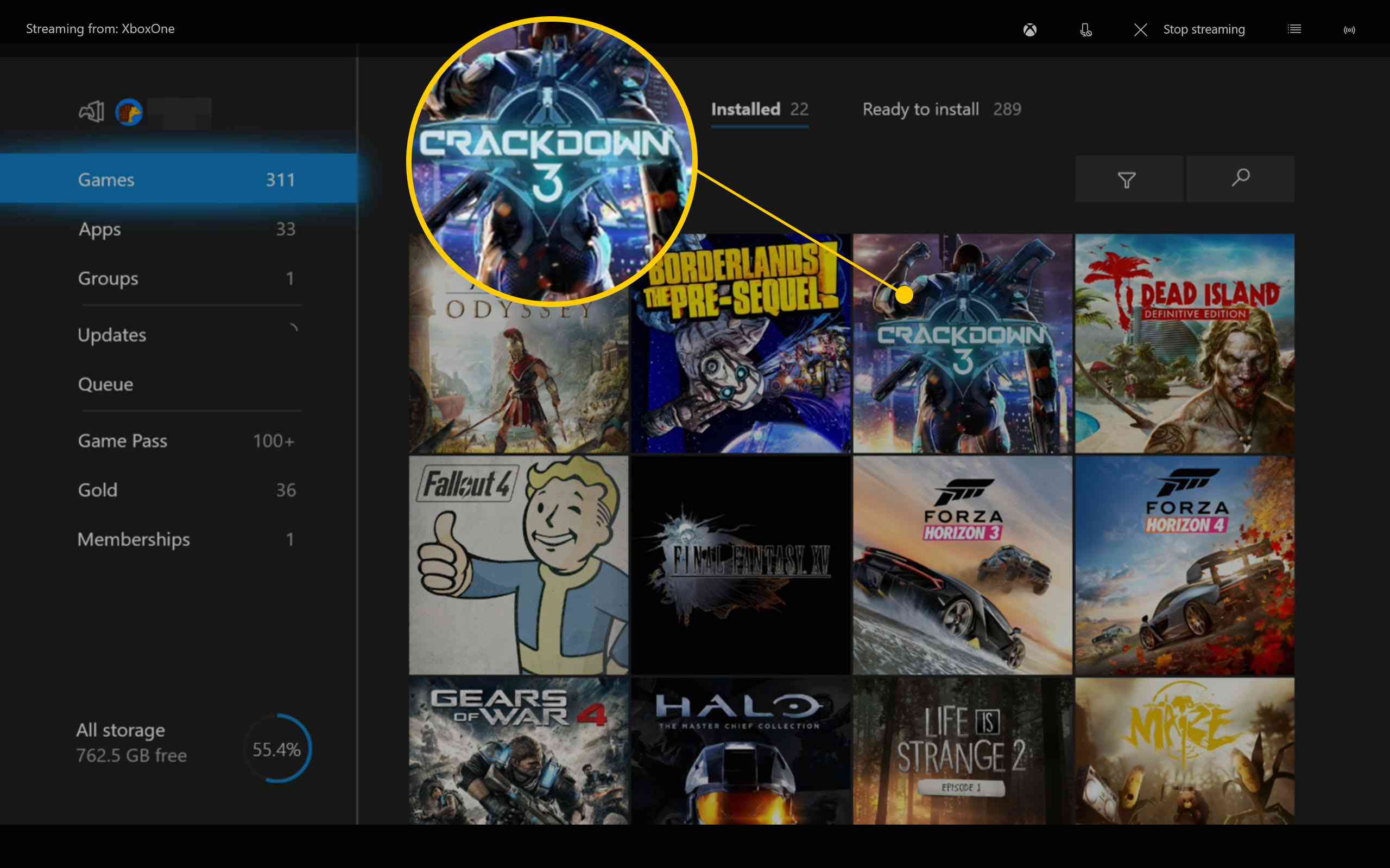 Xbox One Mijn games en apps met een game (Crackdown 3) gemarkeerd