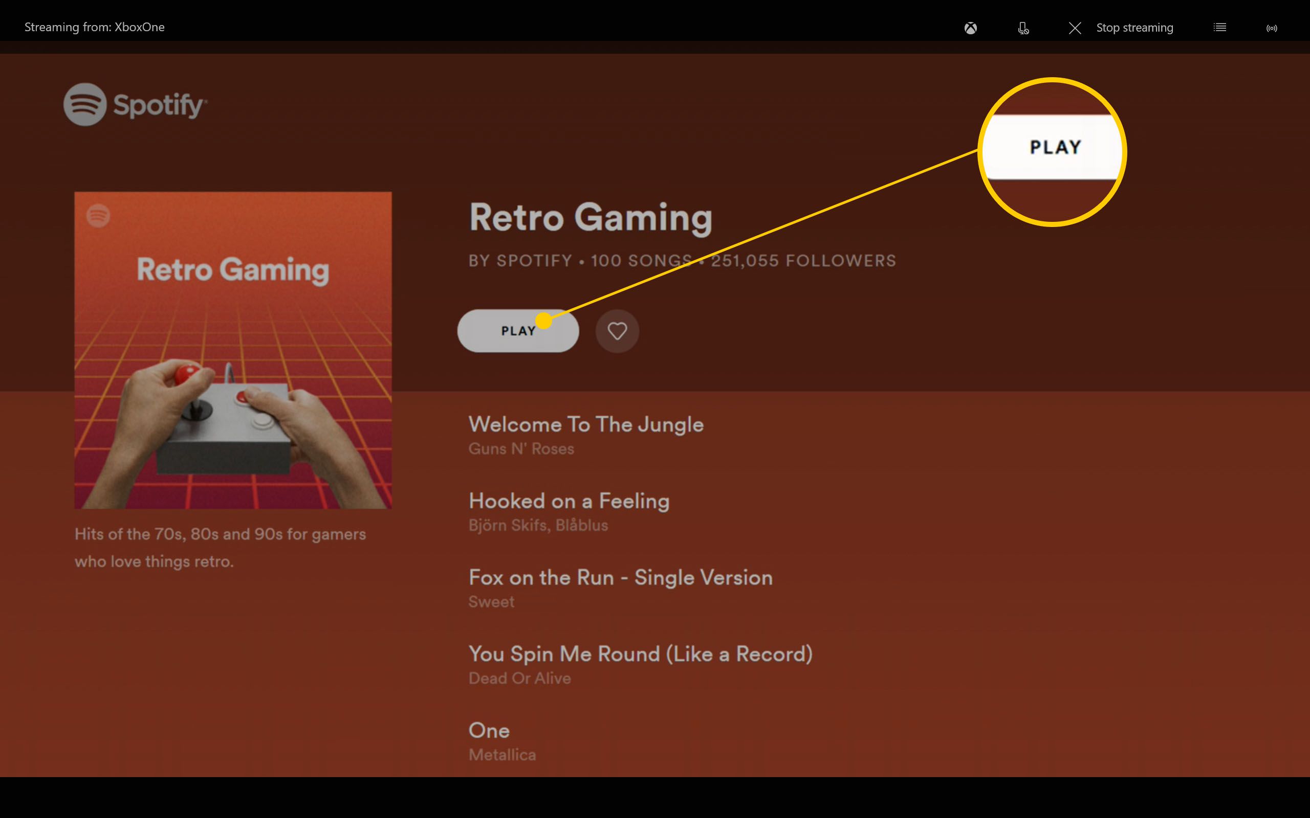 Xbox One Spotify-app met een afspeellijst gemarkeerd