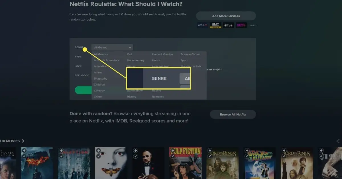 Genrelijst op Netflix Roulette-pagina