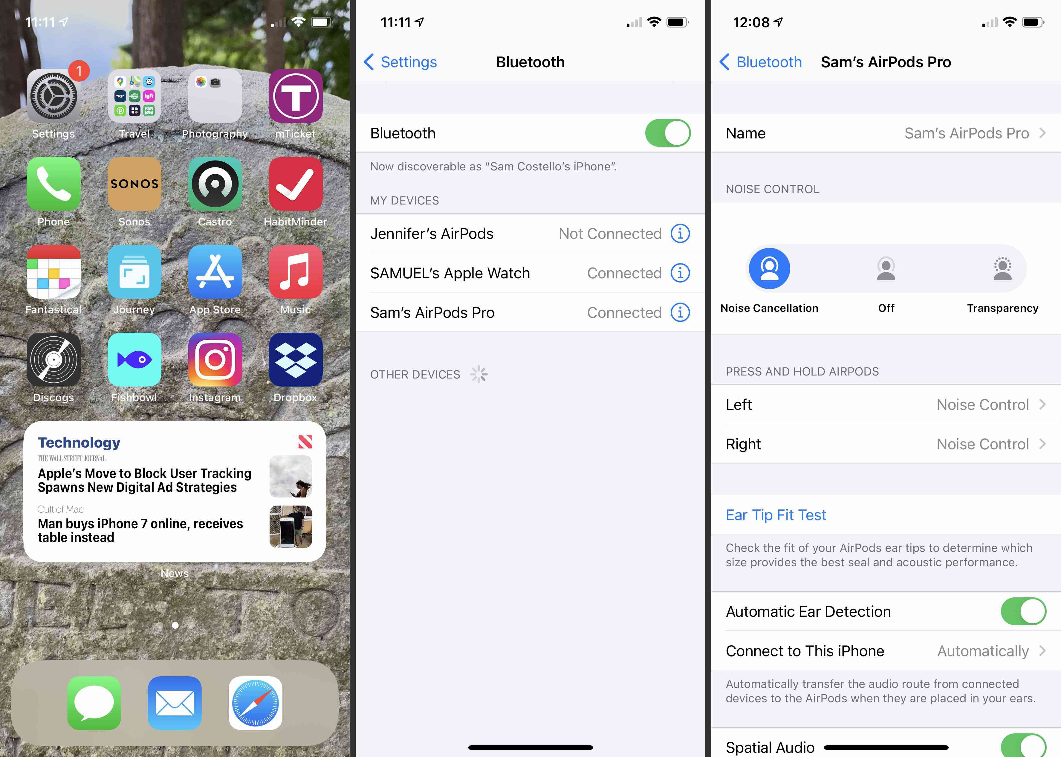 Te nemen stappen om ruisonderdrukking op AirPods Pro in te schakelen via de Bluetooth-instellingen in iOS.
