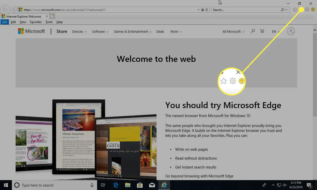 Een screenshot van Internet Explorer met het tandwiel Instellingen gemarkeerd