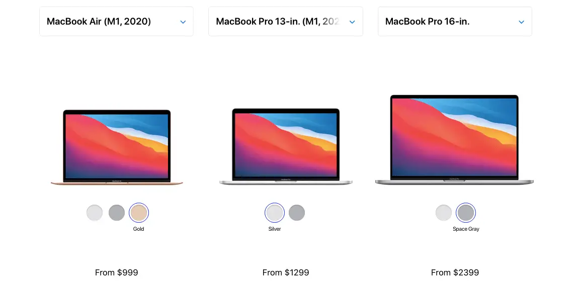 M1 MacBook Air, M1 MacBook Pro en 16-inch MacBook Pro naast elkaar op de website van Apple