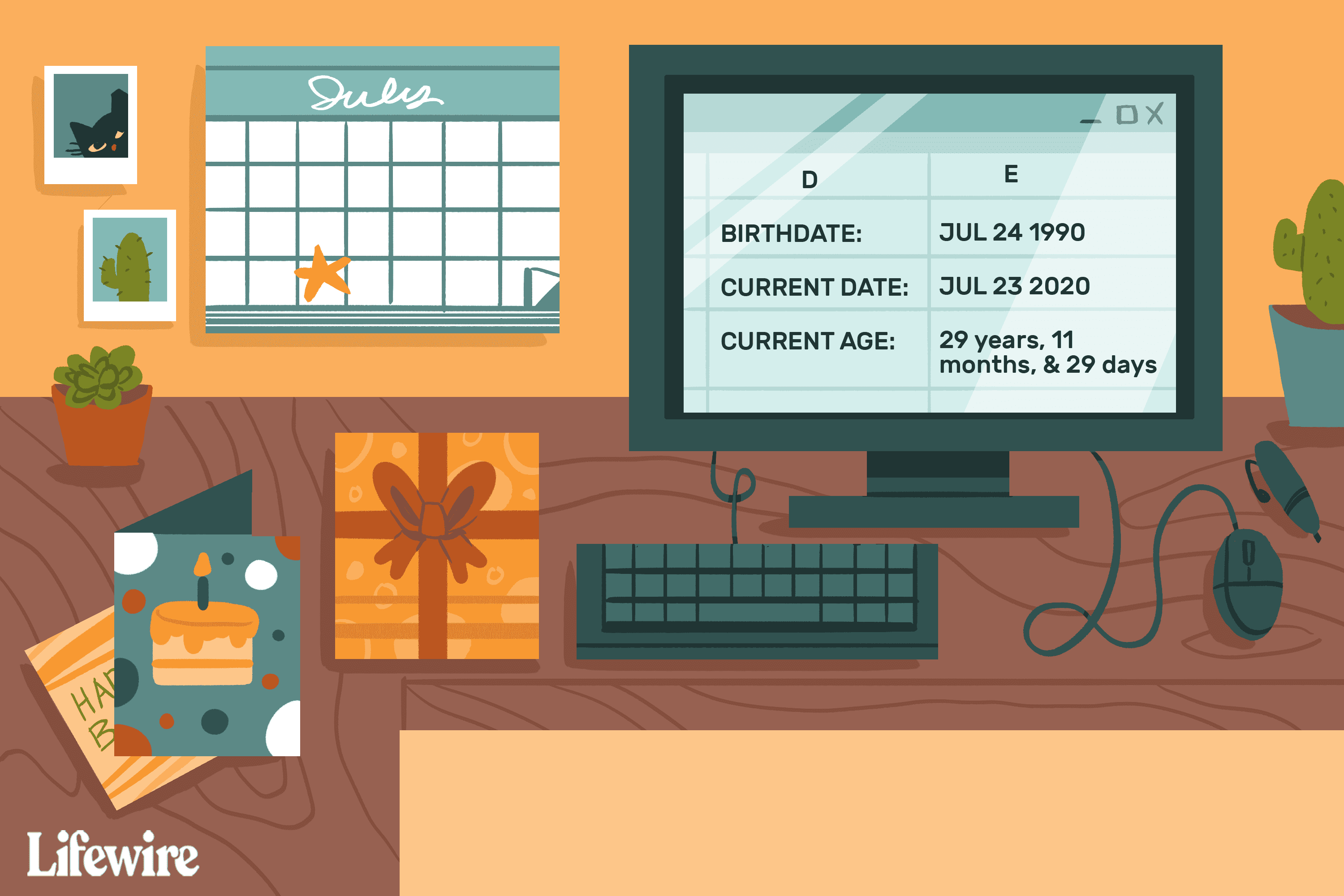 Illustratie van een Excel-spreadsheet op een computer die de leeftijd berekent in een kamer met verjaardagskaarten en cadeautjes