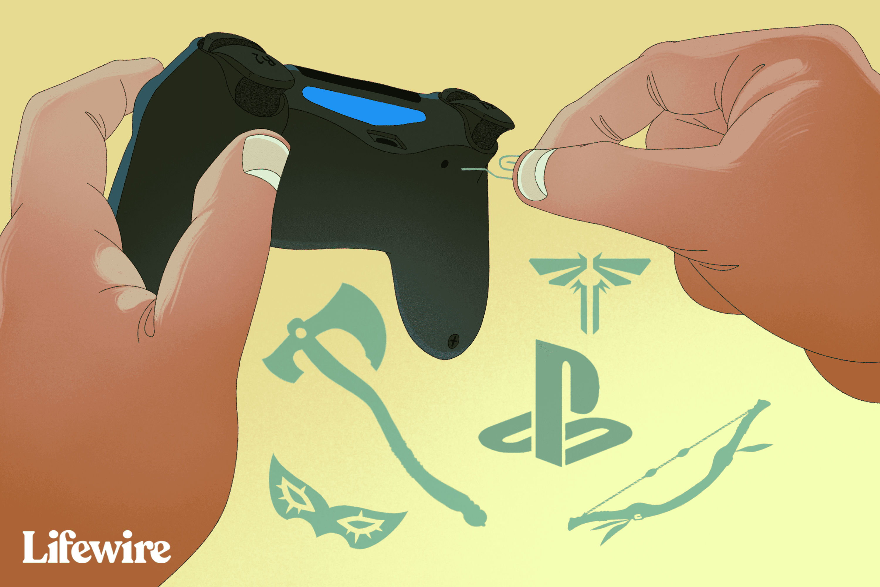 Persoon die een PlayStation 4-controller reset met een paperclip