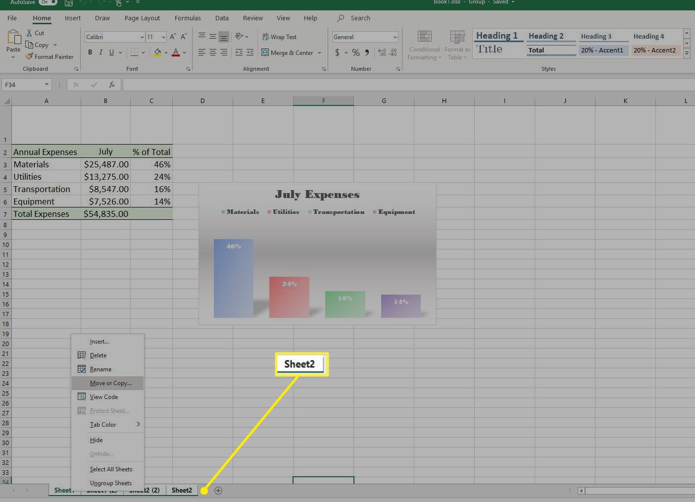 Een tabblad in een Excel-spreadsheet.