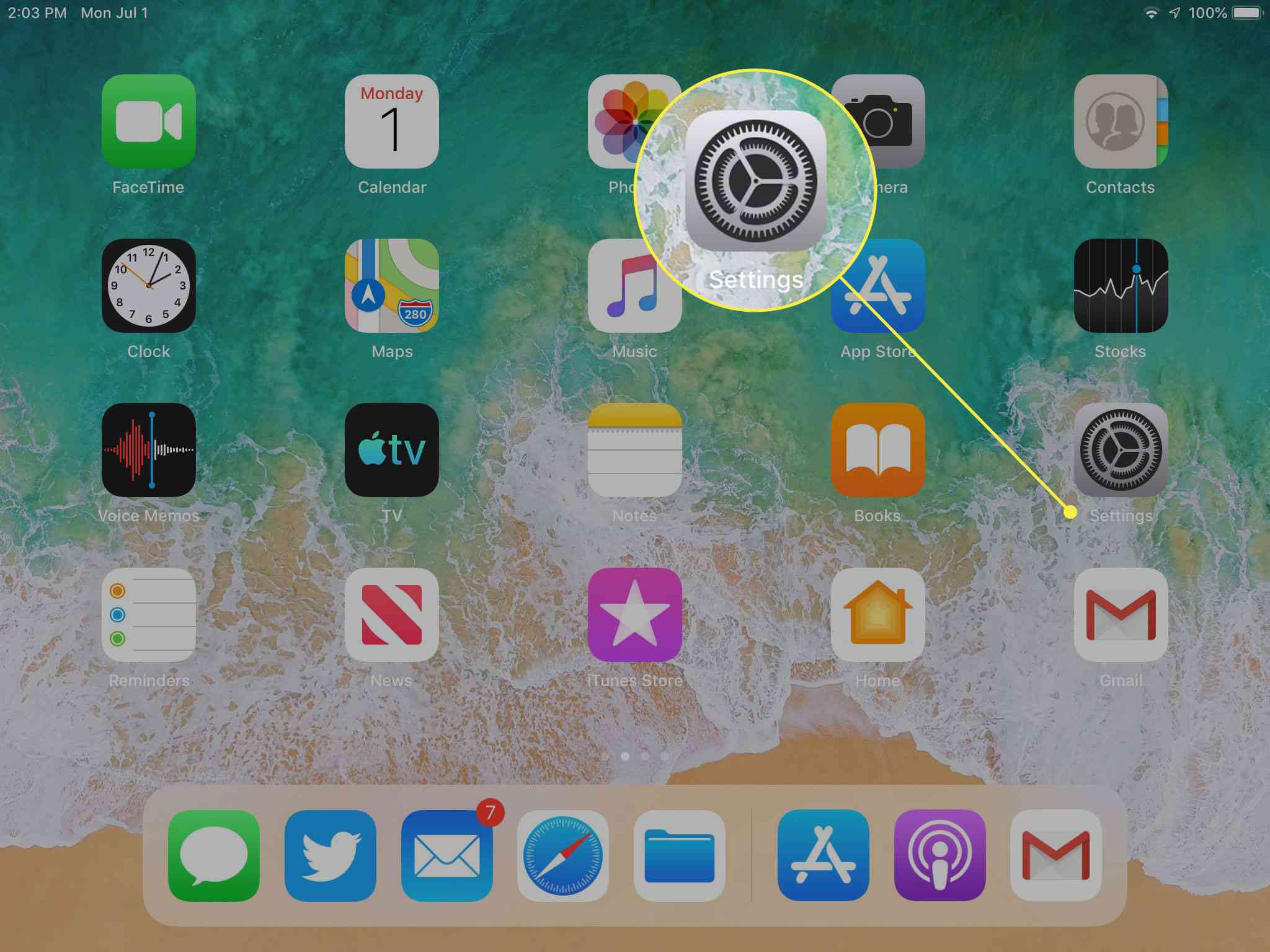 Screenshot van een iPad-startscherm met het pictogram Instellingen gemarkeerd