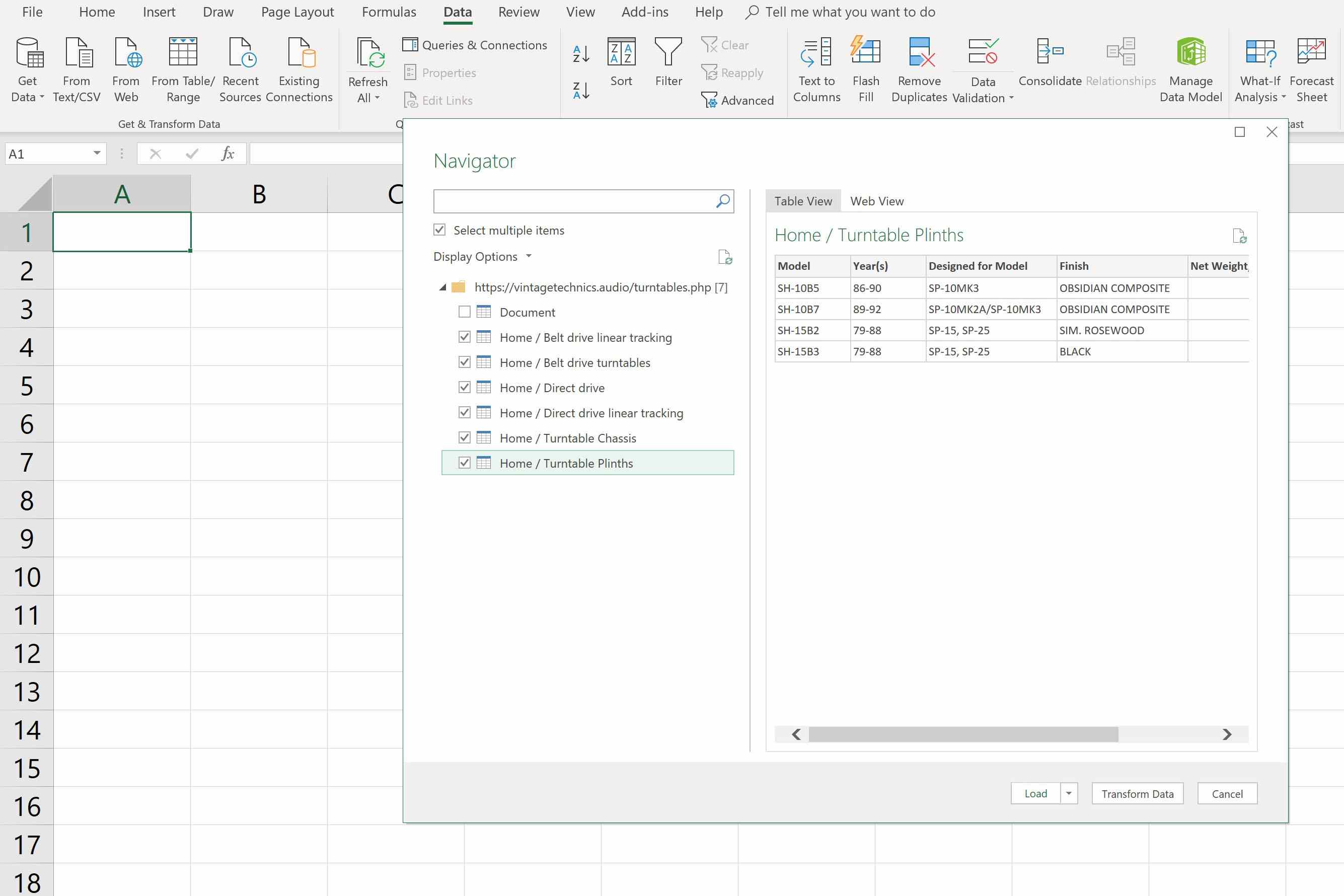 Schermafbeelding van Excel op een pc met de mogelijkheid om Van web te importeren