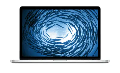 MacBook Pro 15 met Retina Display met school vissen die in een cirkel op het scherm zwemmen