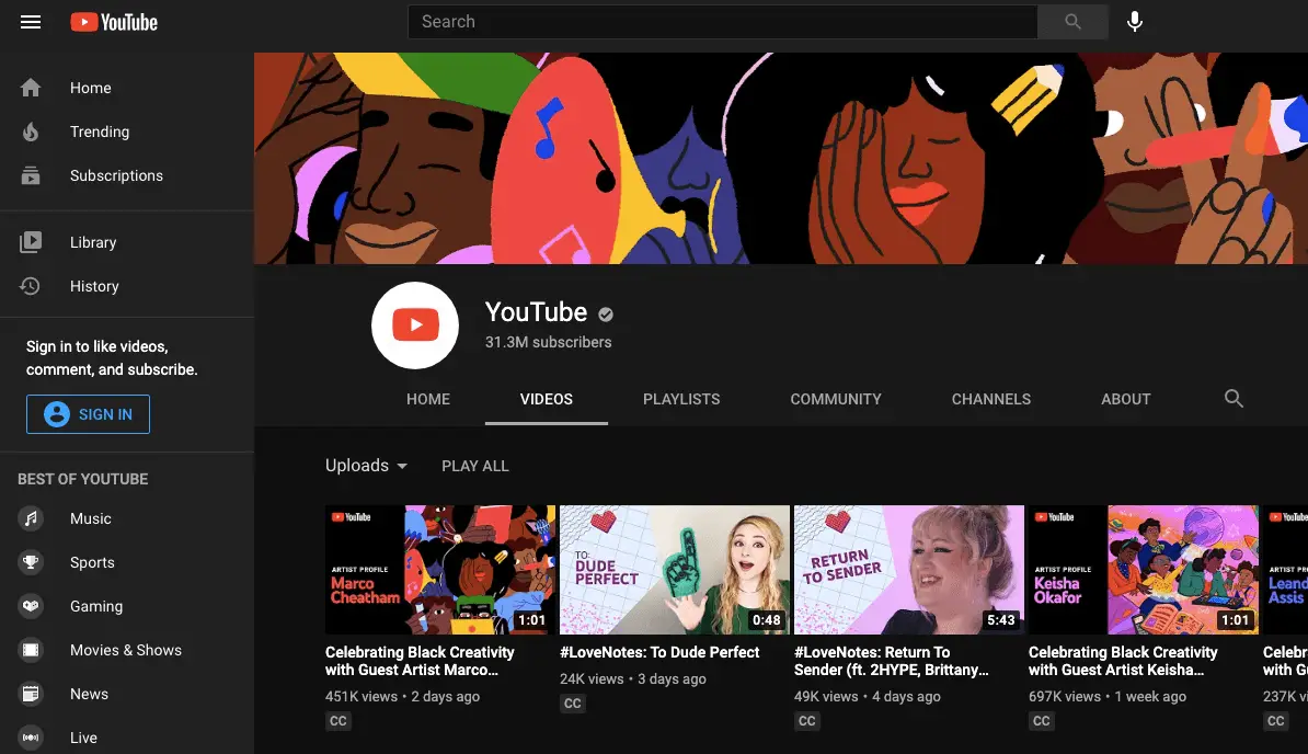 YouTube's eigen kanaal op YouTube.com met een banner 'Celebrating Black Creativity'