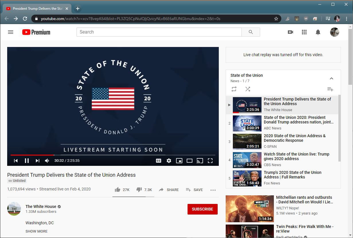 Een screenshot van de State of the Union op YouTube.