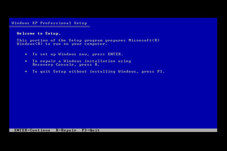 Screenshot van de Welcome to Setup-opties tijdens een installatie van Windows XP