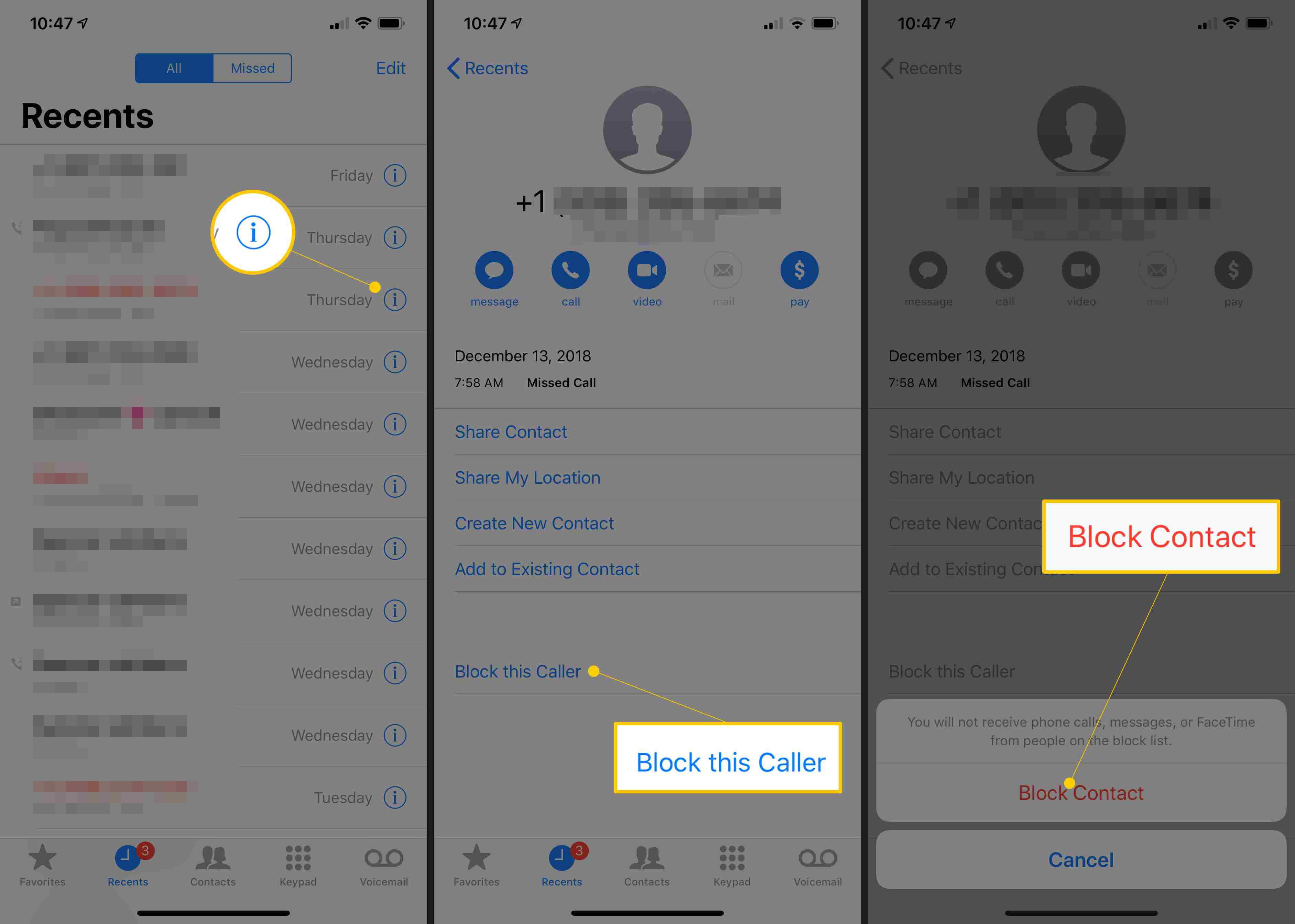 Drie iOS-schermen met i (informatie) knop, Blokkeer deze beller-knop en Blokkeer contact bevestiging