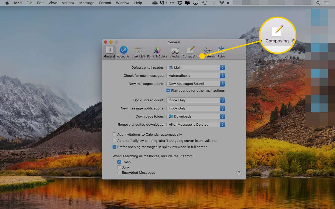 Voorkeuren in macOS Mail met het tabblad Opstellen gemarkeerd