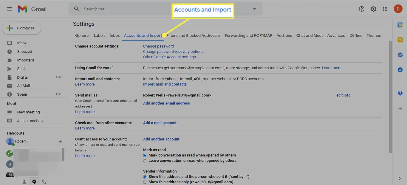 Account en tabblad Importeren in Gmail-instellingen