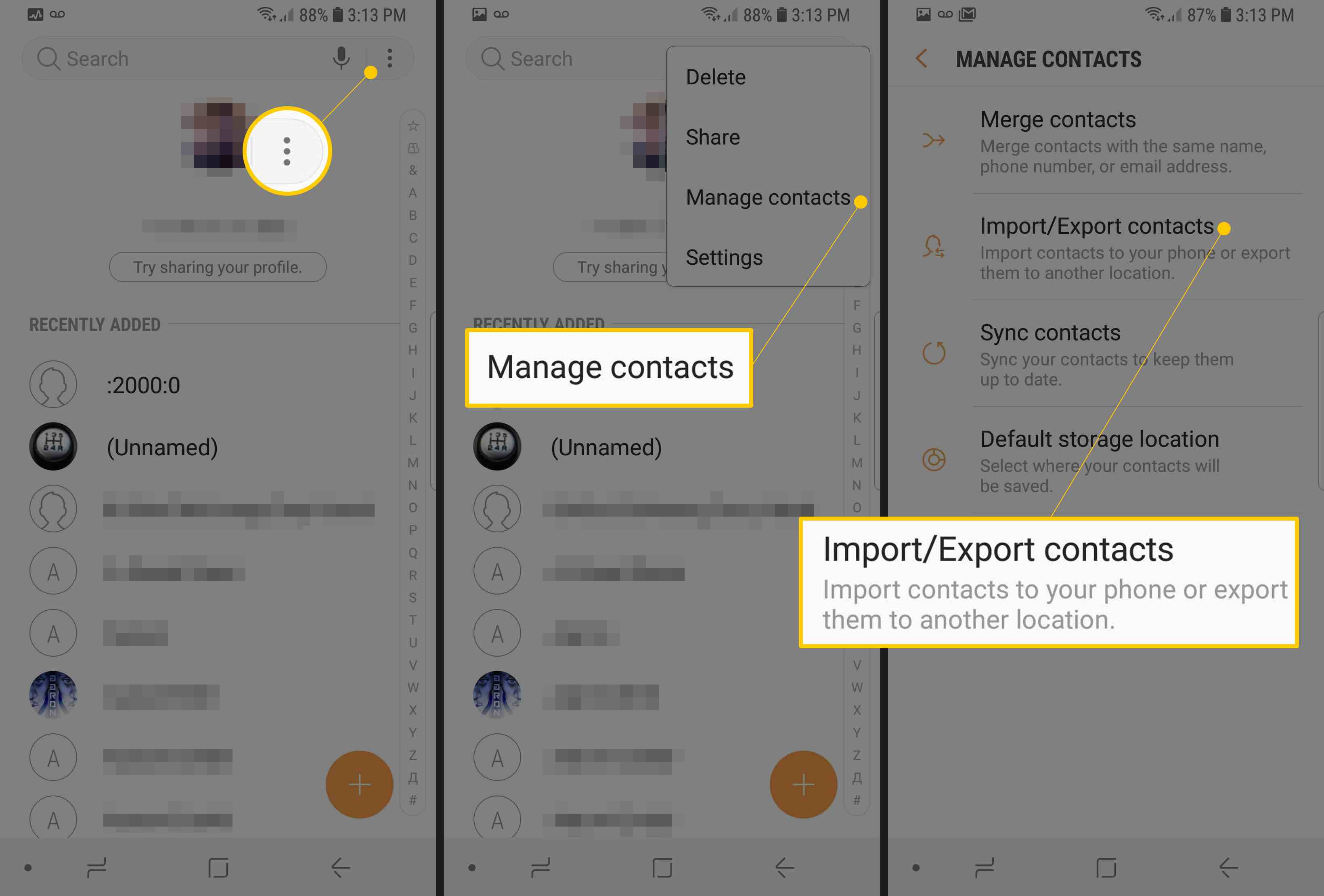 Drie Android Contacts-app-schermen met menuknop, contacten beheren en contacten importeren/exporteren