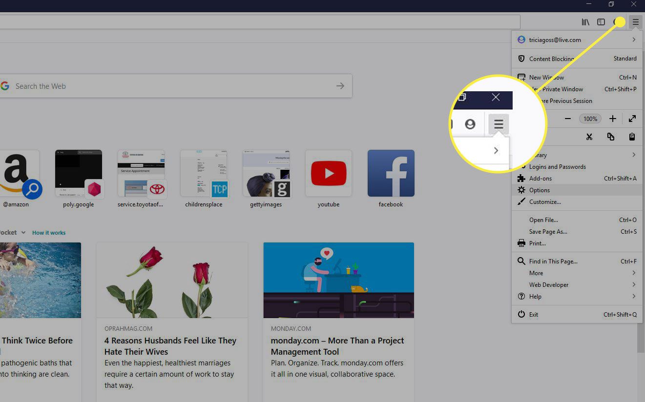 Een screenshot van Firefox met het menu Meer gemarkeerd
