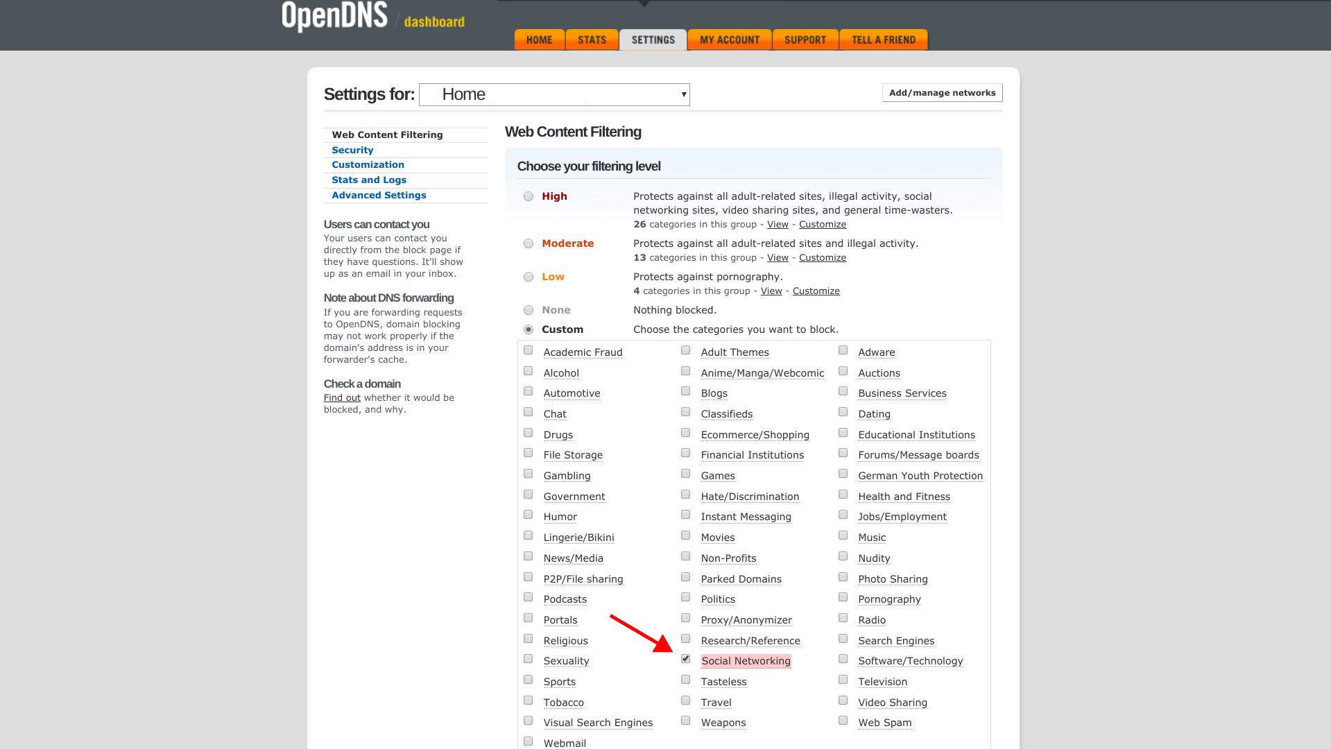 OpenDNS-filtering van webinhoud, die aangeeft dat sociale netwerksites zijn geblokkeerd.