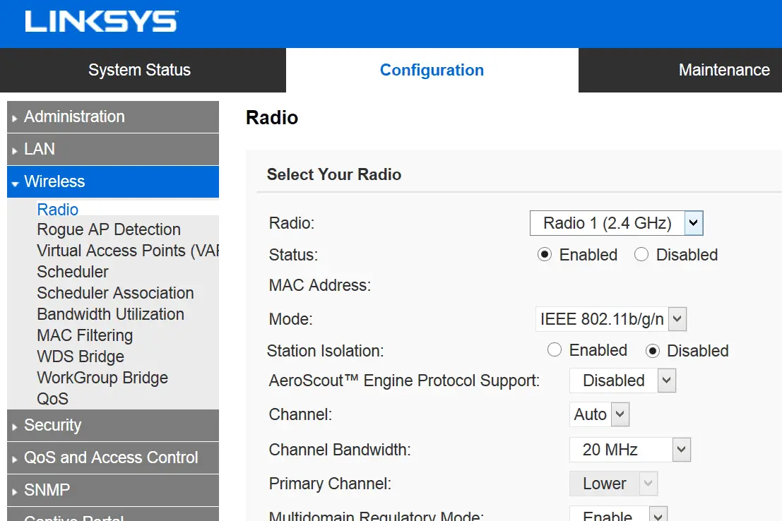 Screenshot van de radio-instellingen in een Linksys-router