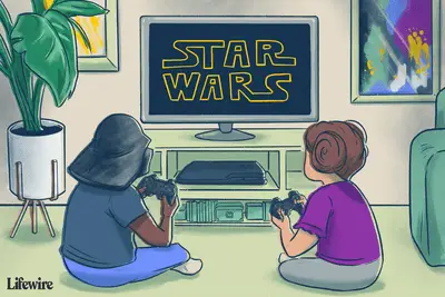 Twee kinderen die Star Wars-videogame spelen op een PlayStation 3, de ene heeft een Darth Vader-helm op, de andere heeft Princess Leia-haarbroodjes