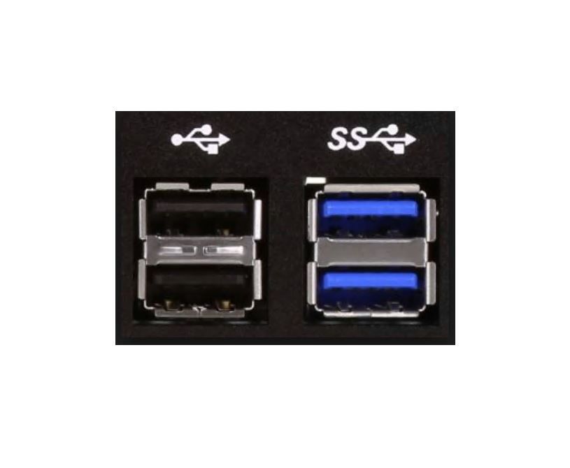 USB 2.0-poorten in zwart links, USB 3.0-poorten in blauw rechts.