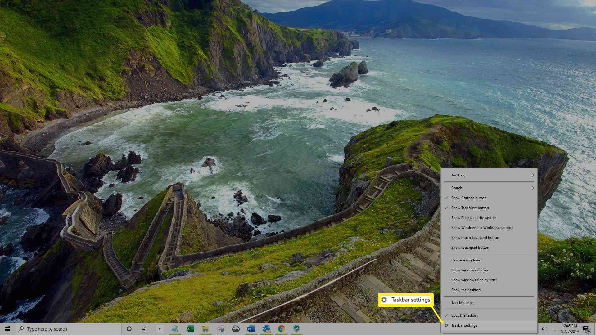 Windows Taakbalk Instellingen in menu