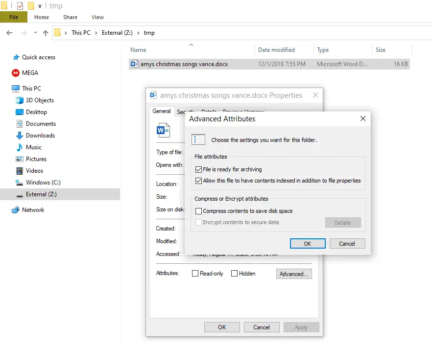 Scherm Geavanceerde attributen in Windows 10