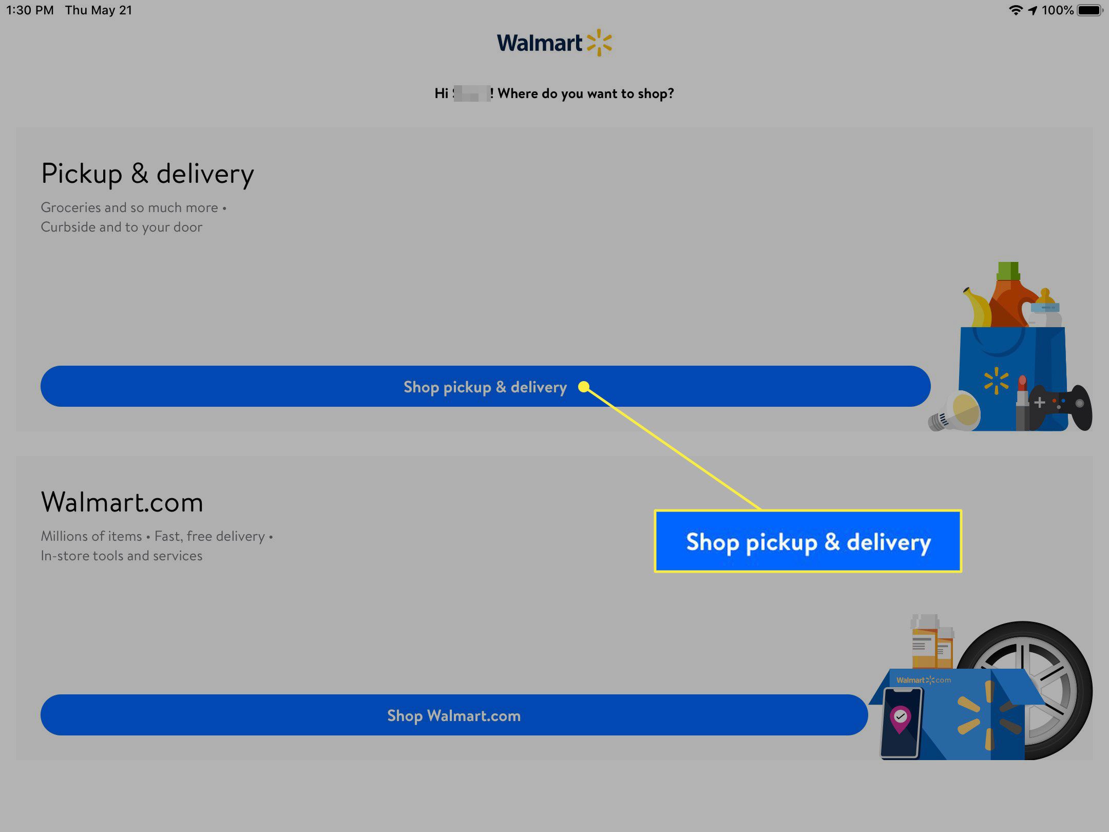 De knop Shop Pickup & Delivery in de Walmart-app