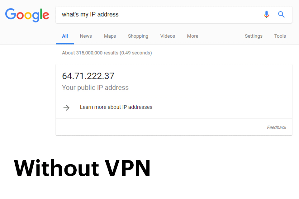 screenshot van Google met uw IP-adres met of zonder VPN