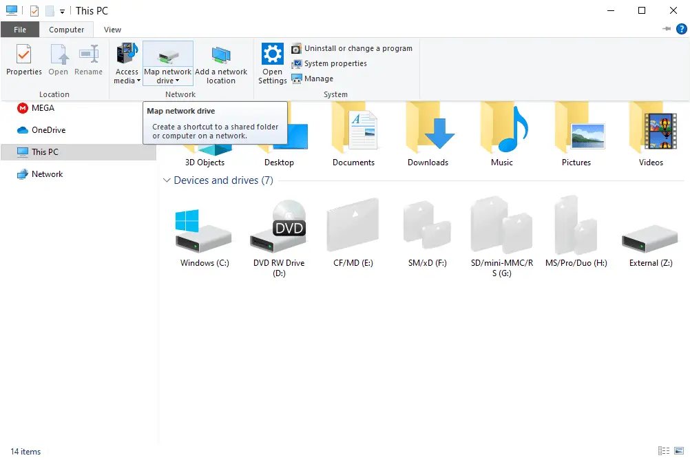 Netwerkschijfknop toewijzen in Windows 10 Dit pc-venster