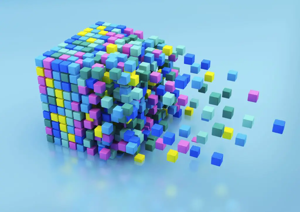 small multicolored blocks assembling in large cube shape on blue background 158318217 5ba2078446e0fb00503233da