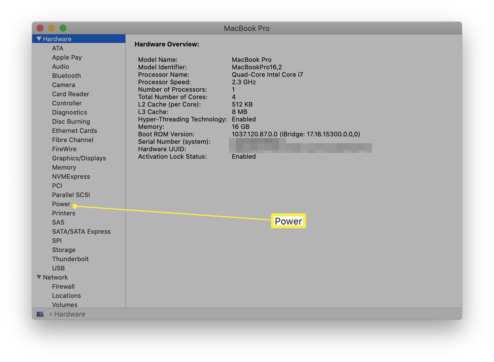 MacBook Pro-systeeminformatie met Power gemarkeerd