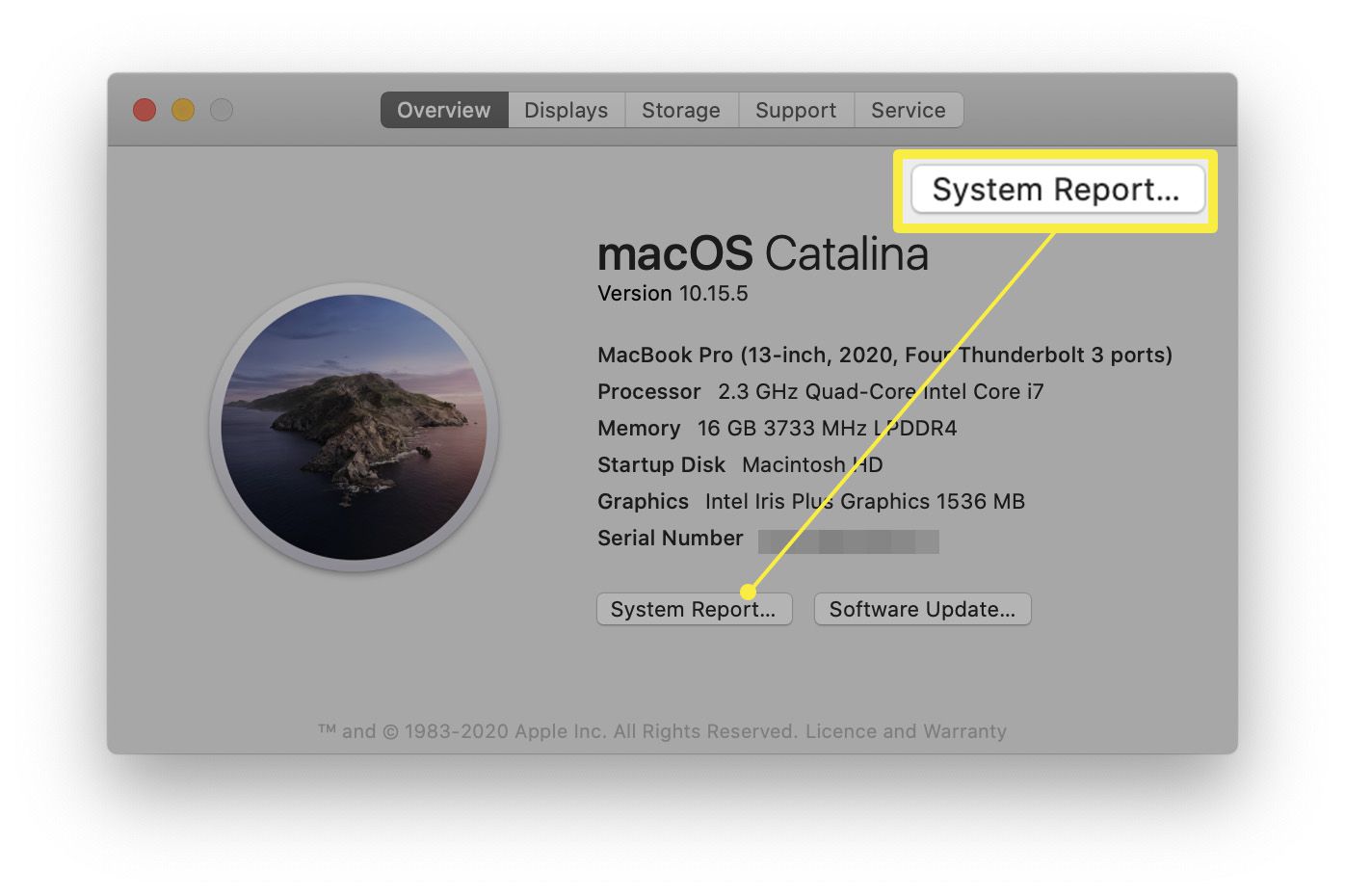 MacOS Over deze pagina-scherm met Systeemrapport gemarkeerd