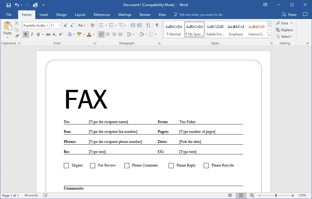 Faxsjabloon in Microsoft Word