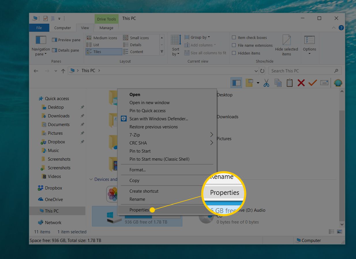 Eigenschappen rechtsklik menu-item in Windows 10