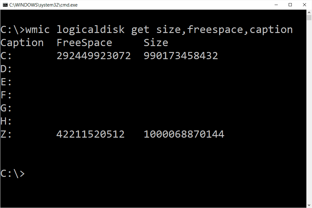 wmic vrije ruimte-opdracht in Windows 10