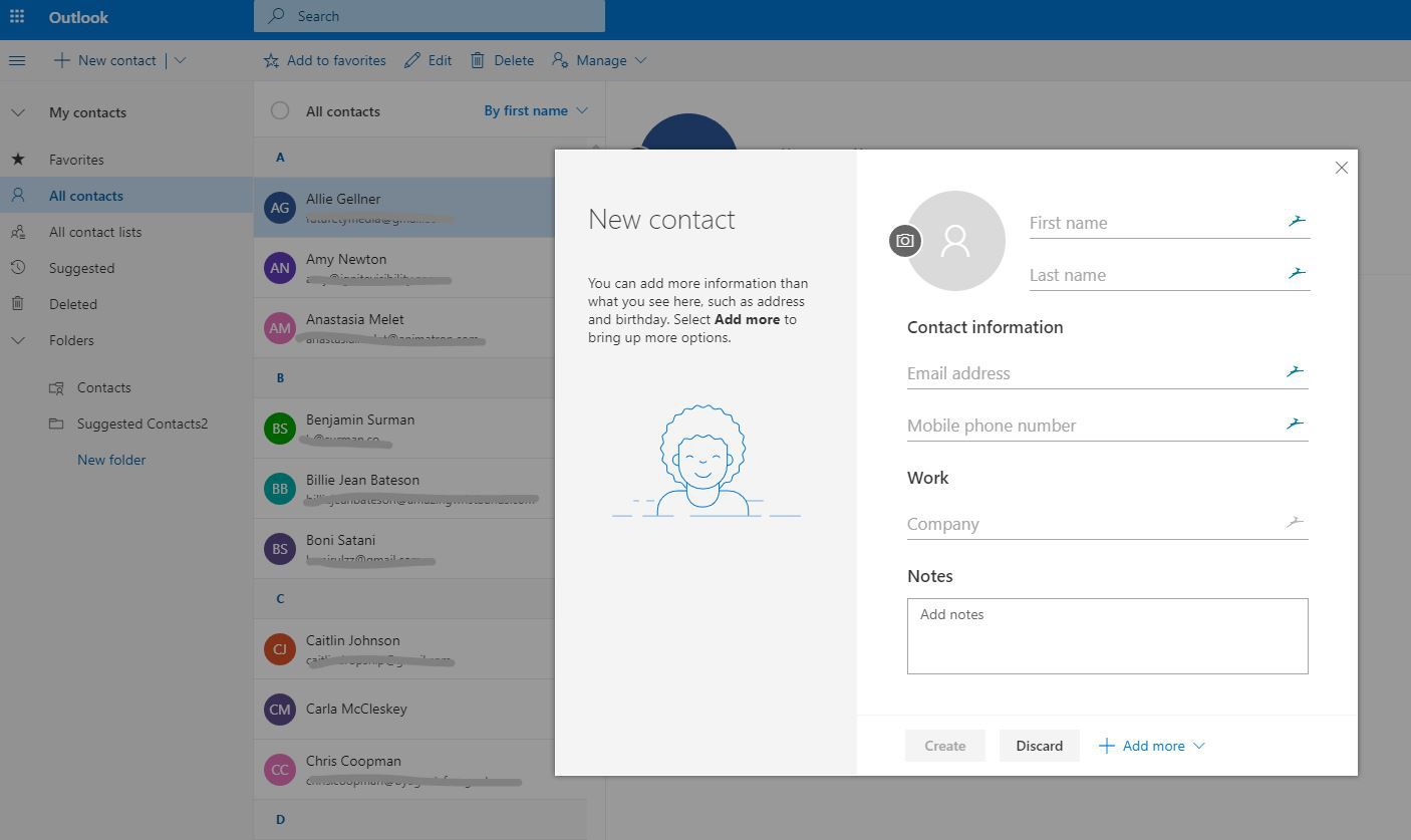 Schermafbeelding van het venster Nieuwe contactpersoon in Outlook.com