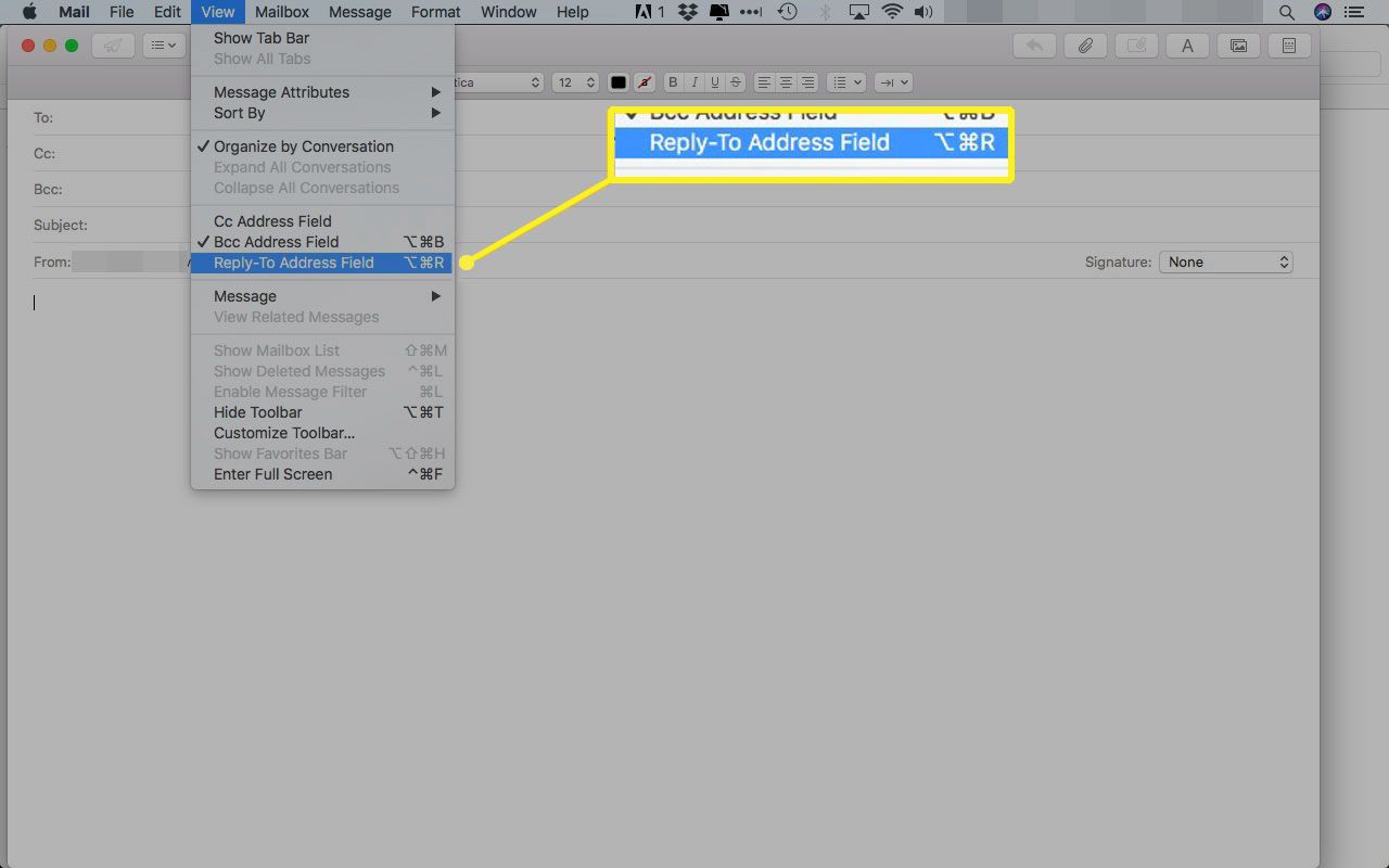 Apple Mail met de opdracht Reply-To Address Field onder het View-menu gemarkeerd