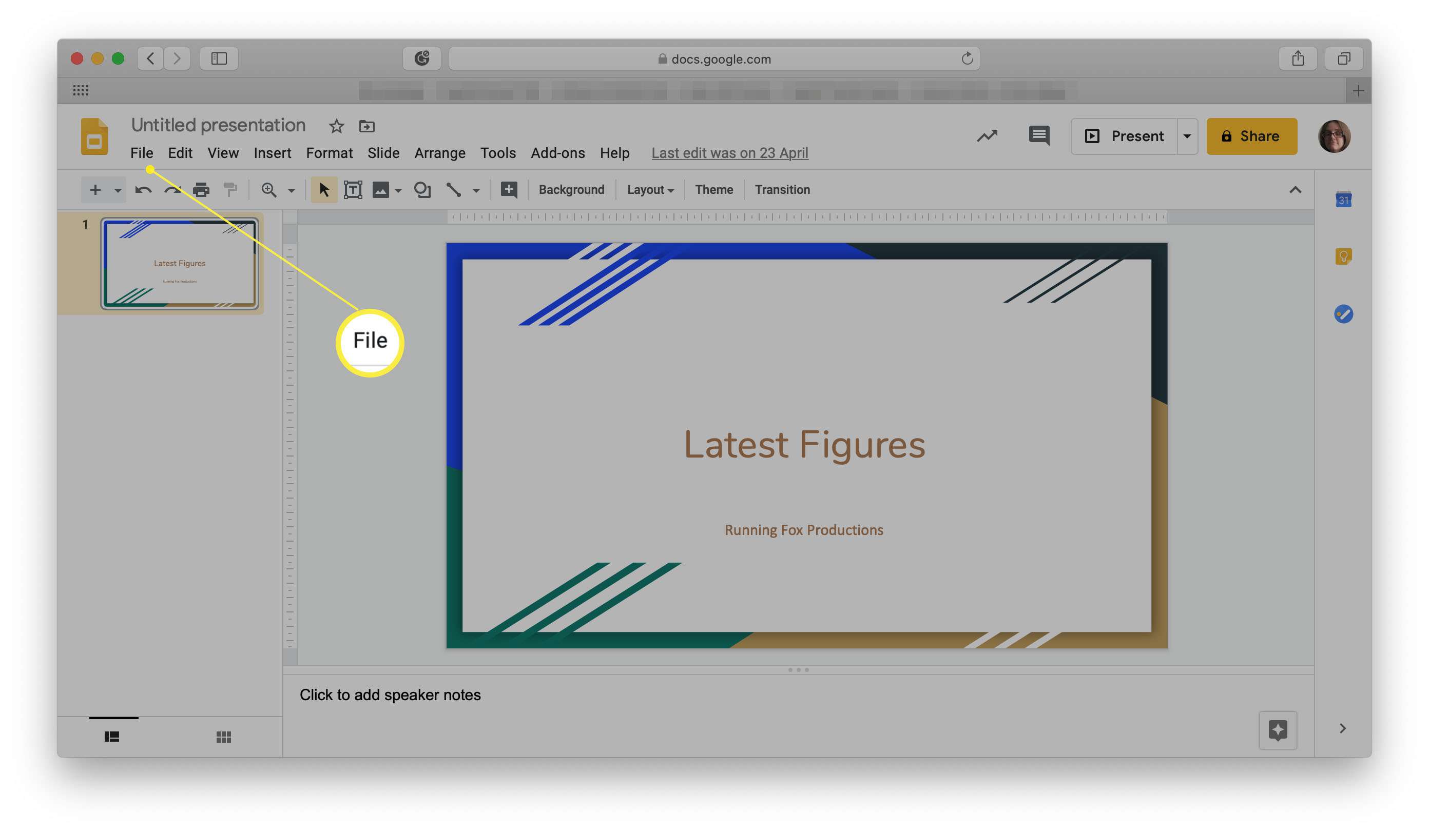 Google Presentaties met het menu Bestand gemarkeerd