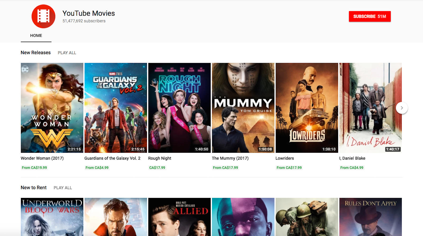 Hoofdstartpagina van YouTube Movies