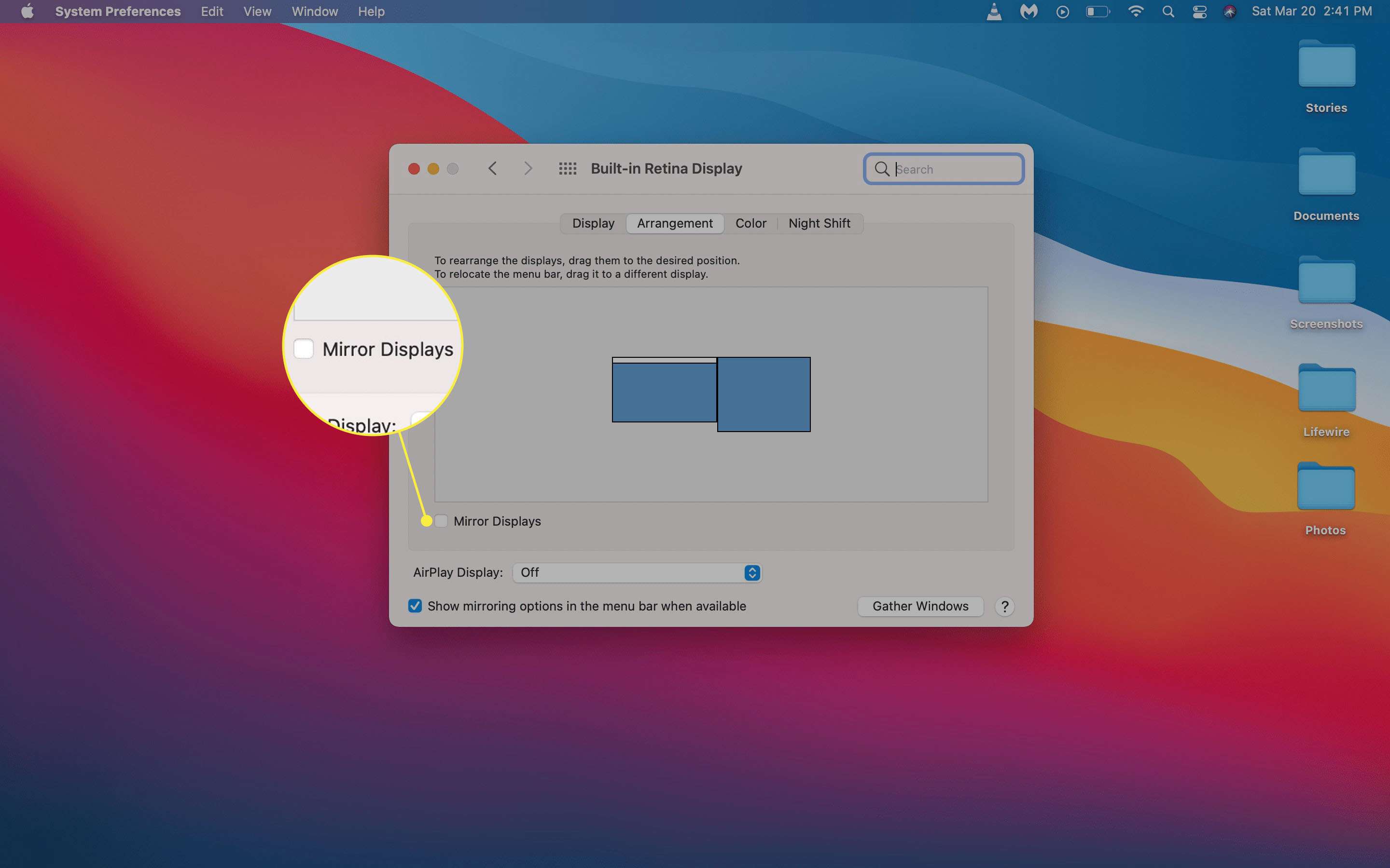 Het selectievakje Mirror Displays gemarkeerd in de macOS-weergave-indelingsopties.