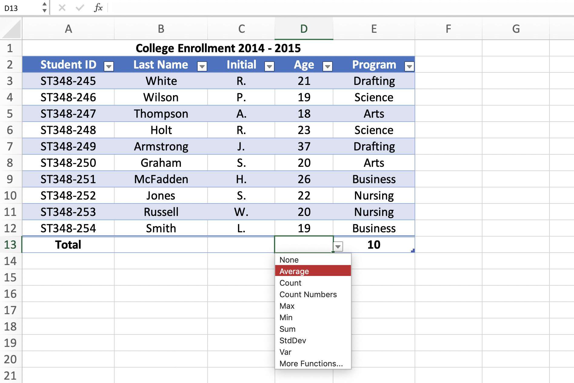 Screenshot van Excel met de functie voor totale rijen